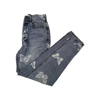 PAC SUN Womens 24 Light Wash Butterfly Print Ultra High Rise Slim Mom Jeans